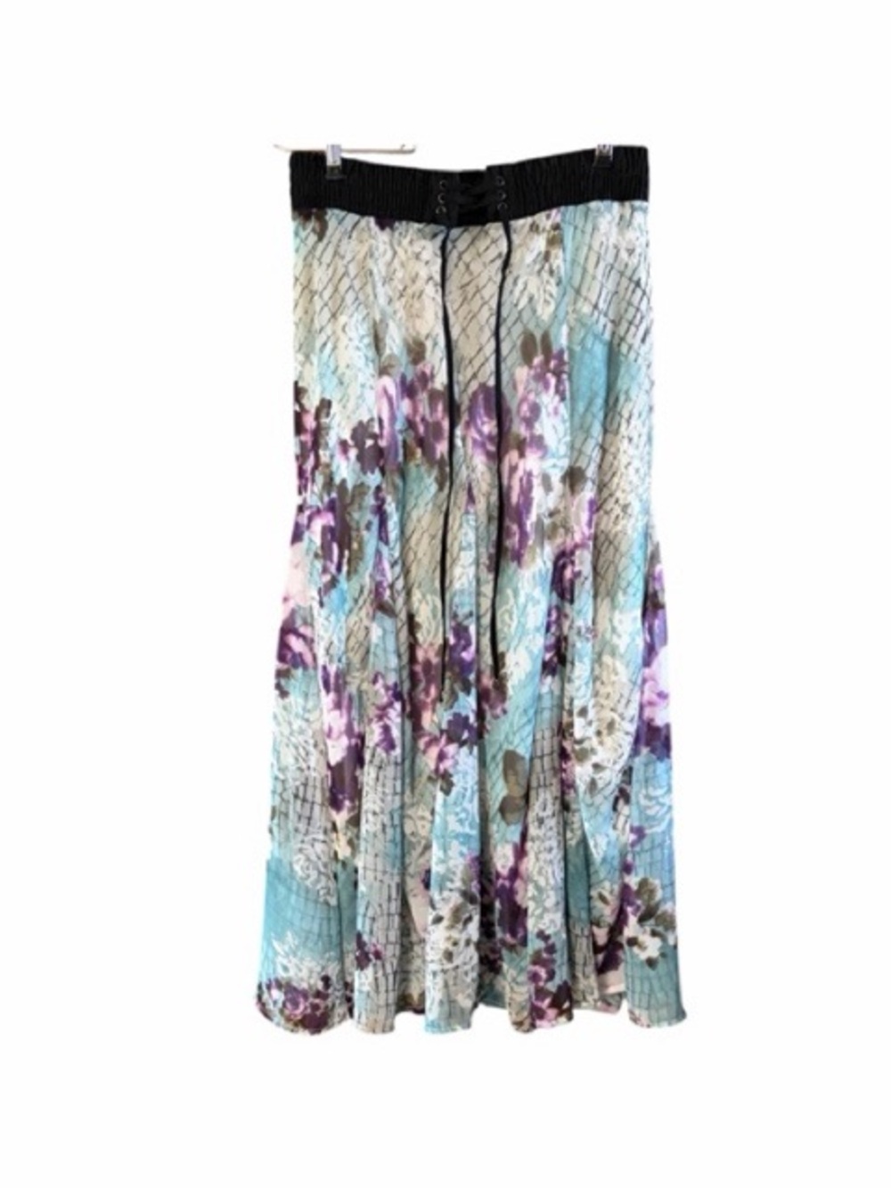 Lapis Floral Pleated Lace Up Waist Midi Skirt NWT